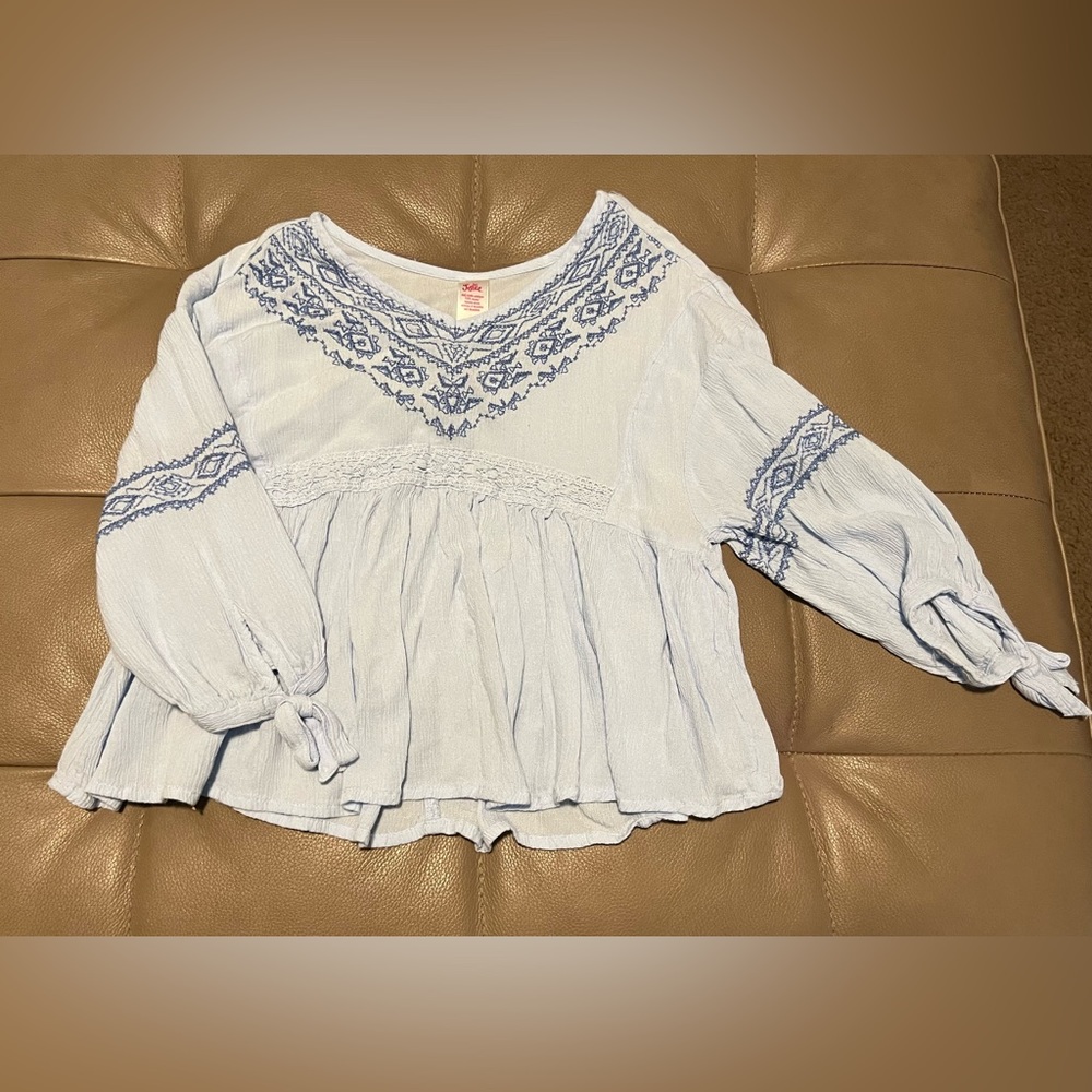Justice girls 6 baby blue embroidered pheasant top long sleeve blouse